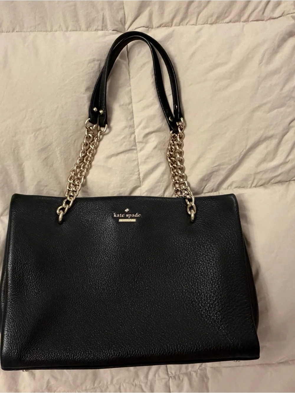 kate spade Black Leather Shoulder Bag with Gold Chain Straps